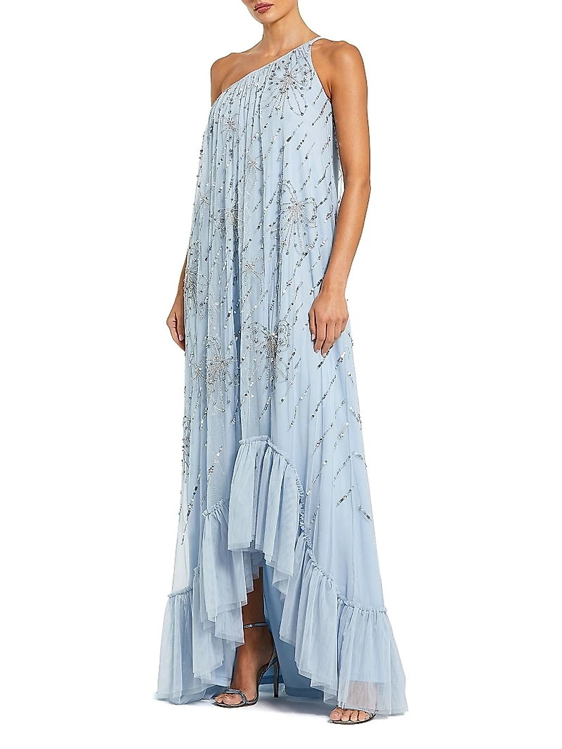 Embellished One-Shoulder High-Low Gown