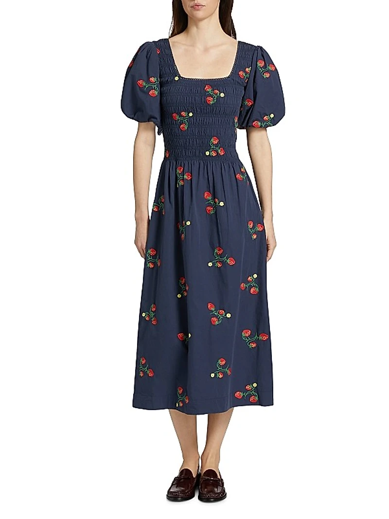 Lauren Strawberry Embroidered Midi-Dress