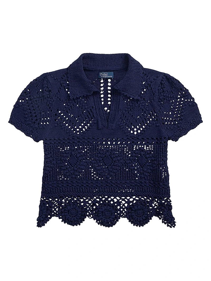 Pointelle Cotton Short-Sleeve Polo Top