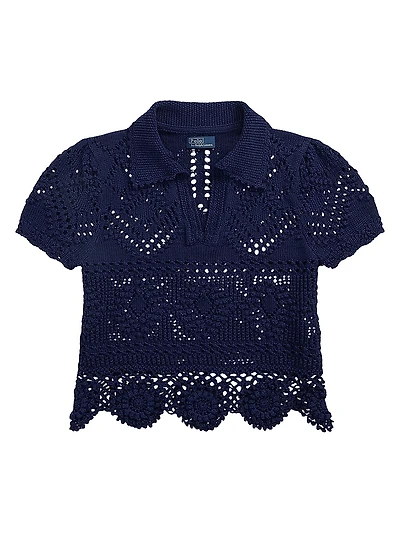 Pointelle Cotton Short-Sleeve Polo Top