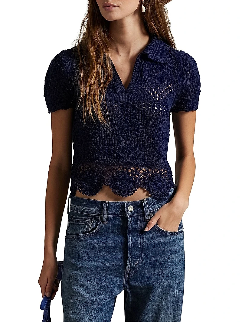 Pointelle Cotton Short-Sleeve Polo Top