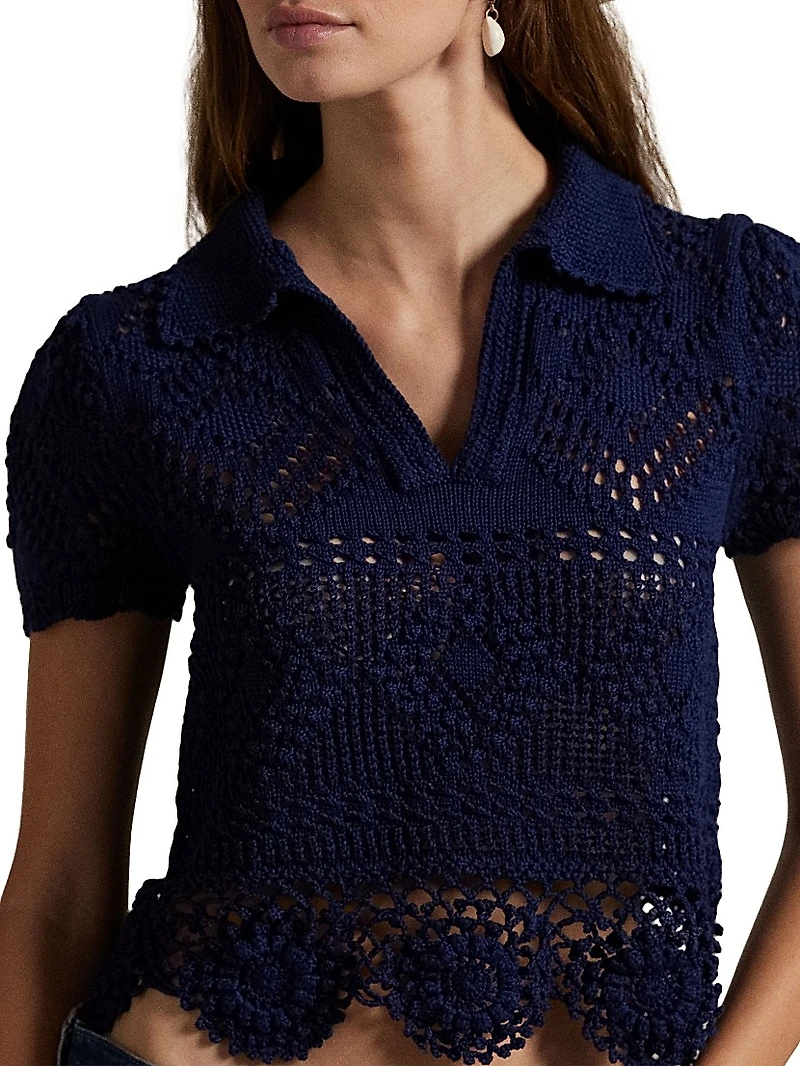 Pointelle Cotton Short-Sleeve Polo Top