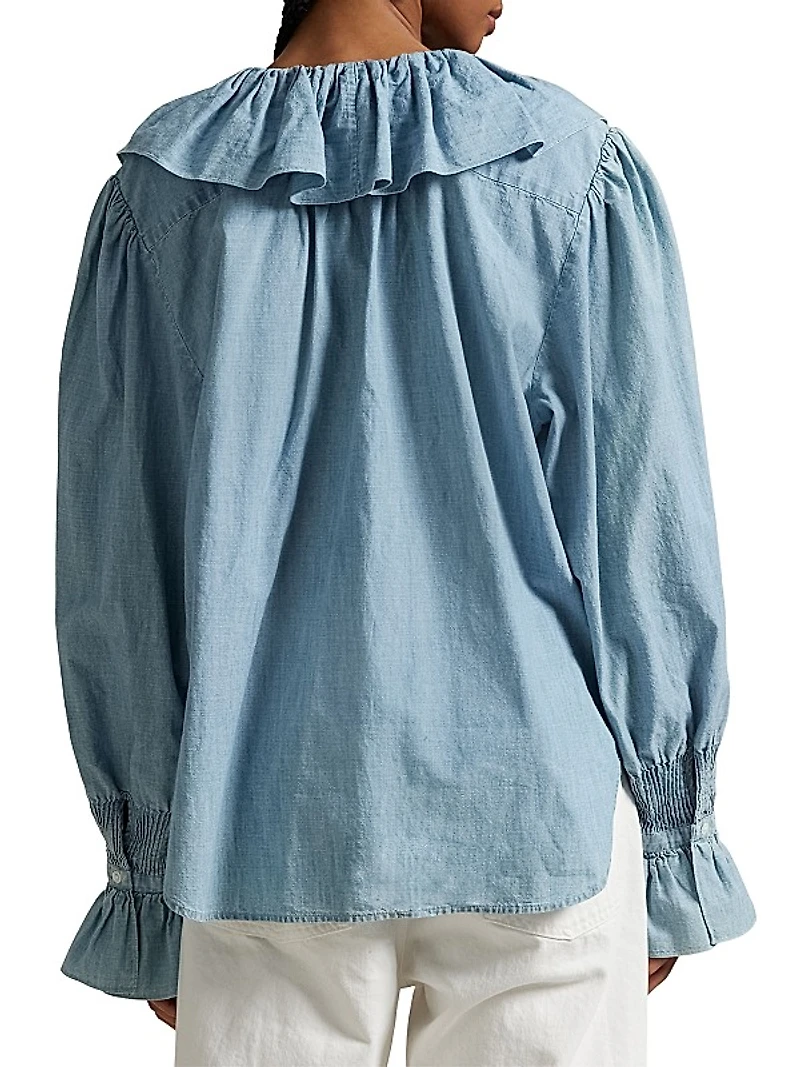 Ruffle-Trimmed Cotton Chambray Blouse