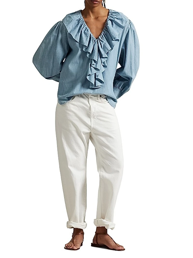 Ruffle-Trimmed Cotton Chambray Blouse