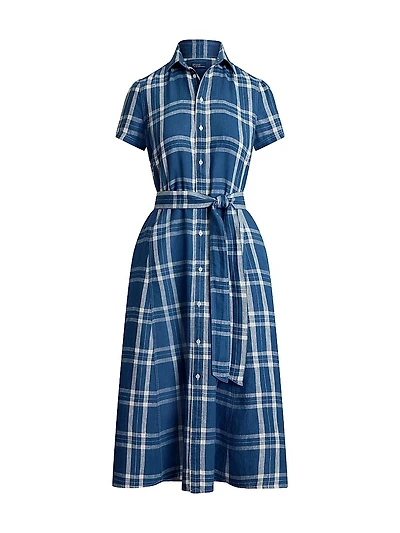 Plaid Linen Tie-Waist Midi-Shirtdress