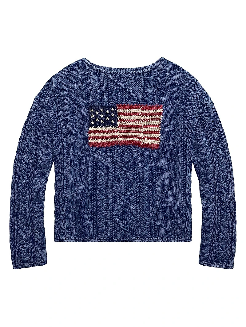 Flag-Embroidered Cotton-Knit Crewneck Sweater