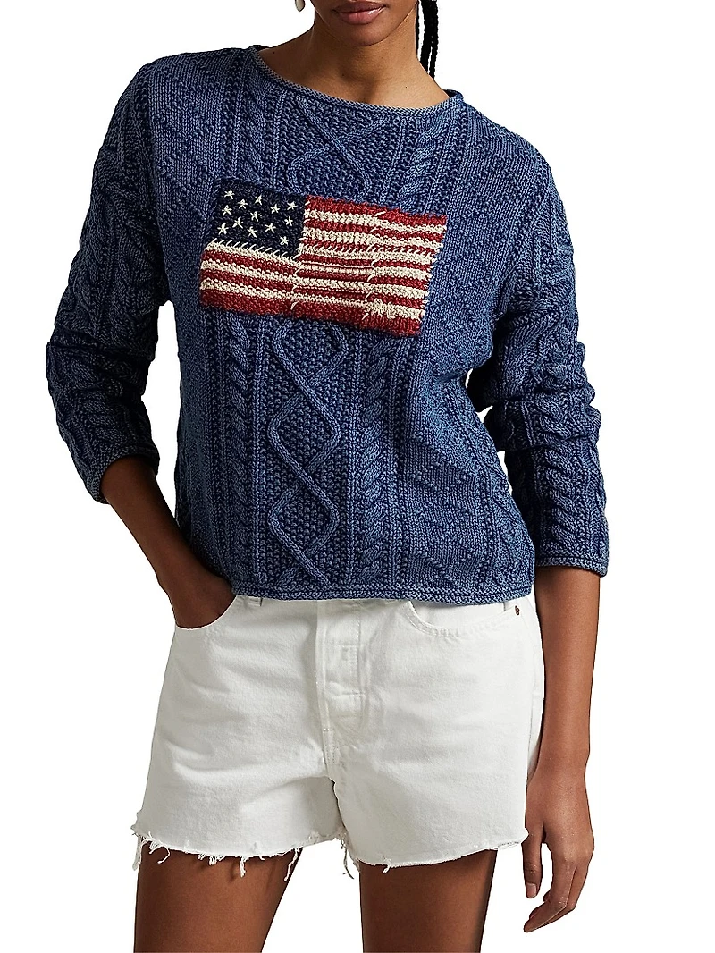 Flag-Embroidered Cotton-Knit Crewneck Sweater