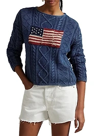 Flag-Embroidered Cotton-Knit Crewneck Sweater