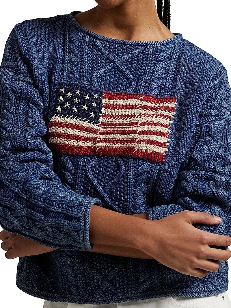 Flag-Embroidered Cotton-Knit Crewneck Sweater