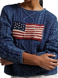 Flag-Embroidered Cotton-Knit Crewneck Sweater