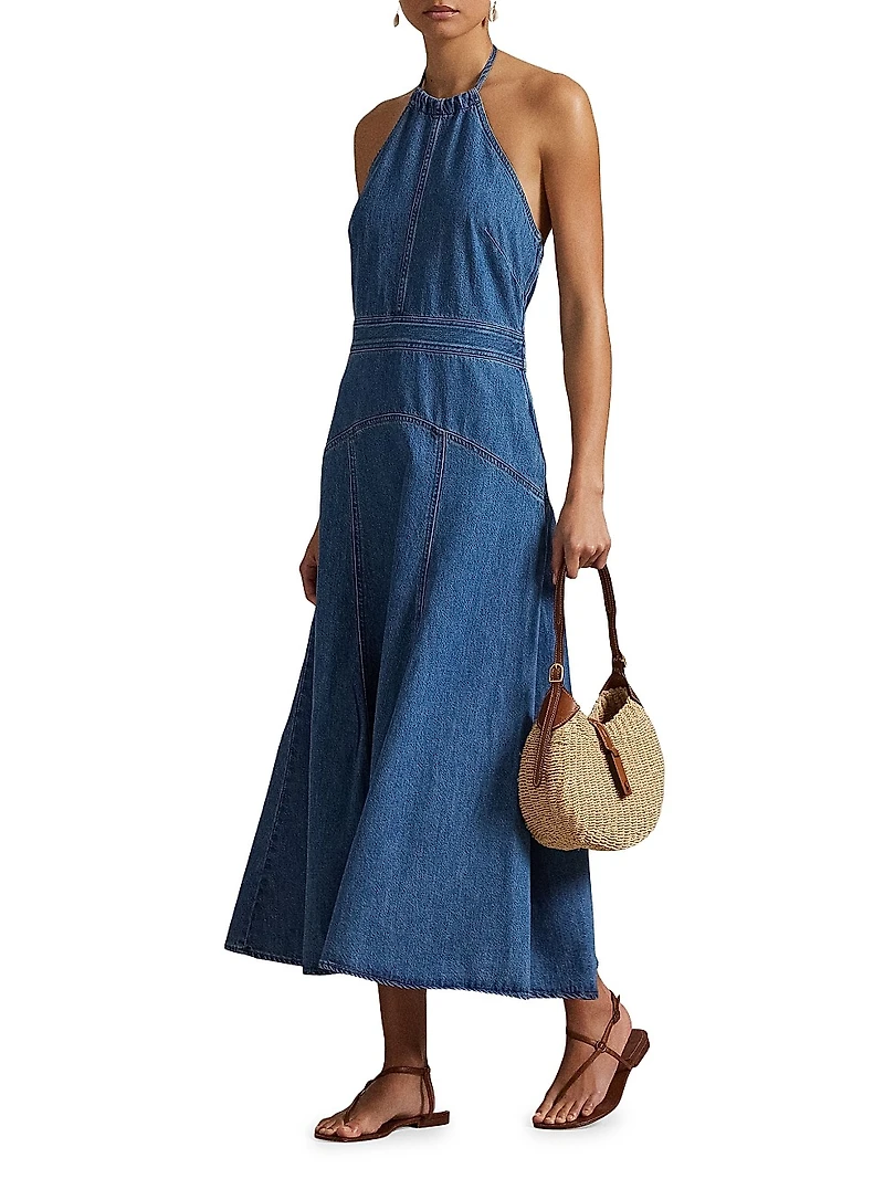 Denim Halter Midi-Dress