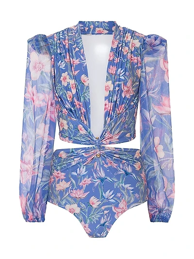 Amaryllis Floral Long Sleeve One-Piece Swimsuit