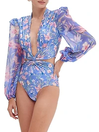 Amaryllis Floral Long Sleeve One-Piece Swimsuit