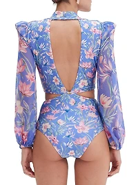 Amaryllis Floral Long Sleeve One-Piece Swimsuit