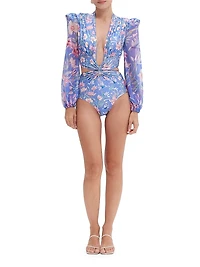 Amaryllis Floral Long Sleeve One-Piece Swimsuit