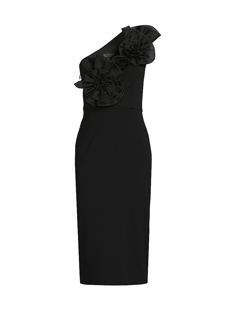 Crepe Floral-Appliqué One-Shoulder Midi-Dress