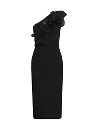 Crepe Floral-Appliqué One-Shoulder Midi-Dress