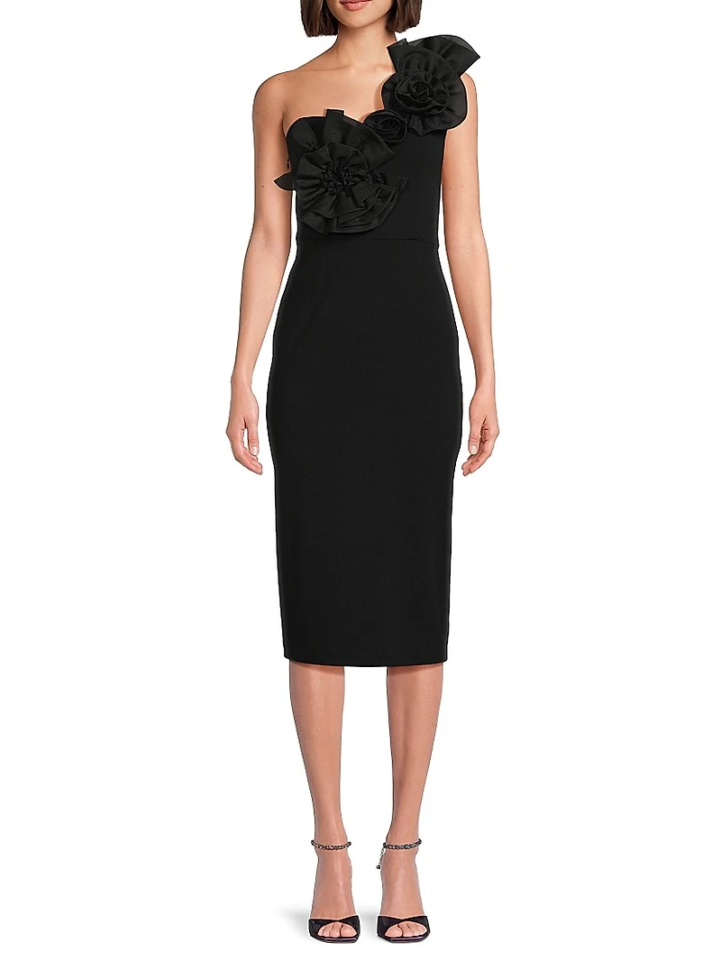 Crepe Floral-Appliqué One-Shoulder Midi-Dress