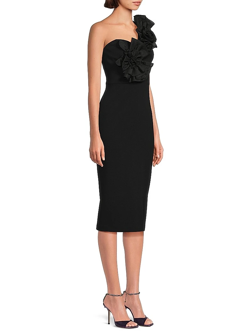 Crepe Floral-Appliqué One-Shoulder Midi-Dress