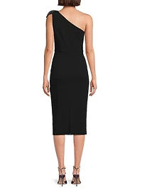 Crepe Floral-Appliqué One-Shoulder Midi-Dress