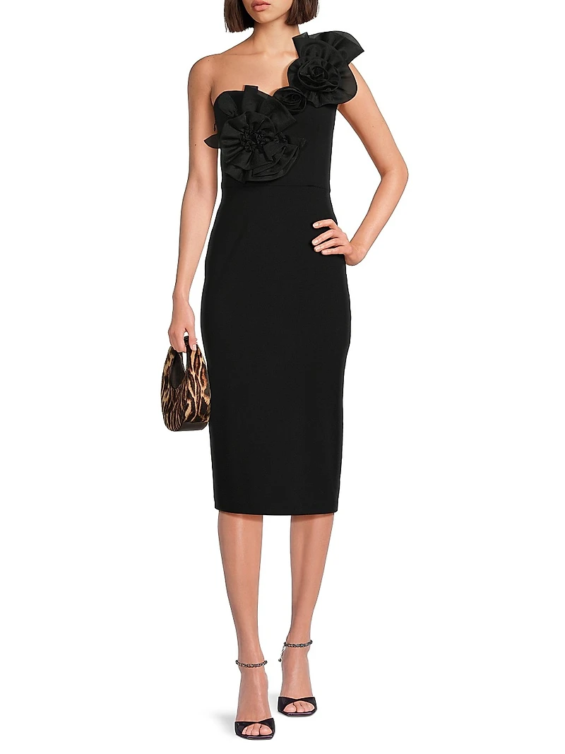 Crepe Floral-Appliqué One-Shoulder Midi-Dress