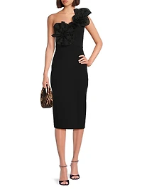 Crepe Floral-Appliqué One-Shoulder Midi-Dress