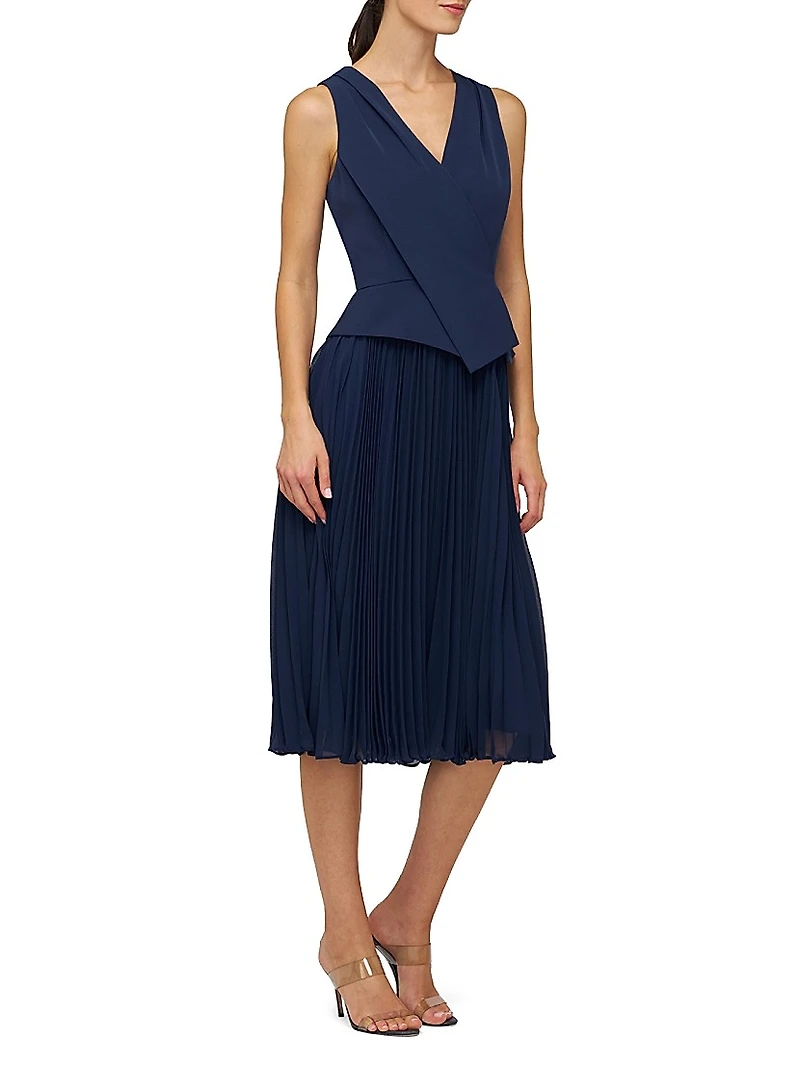 Stretch Crepe Pleated Midi-Dress