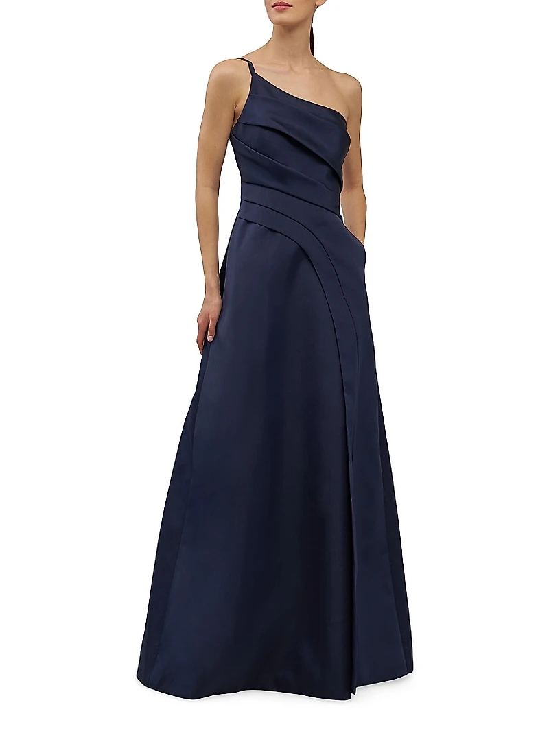 Jillian Sleeveless One-Shoulder Pleated Gown