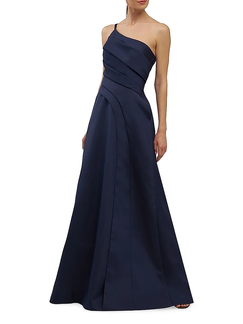 Jillian Sleeveless One-Shoulder Pleated Gown