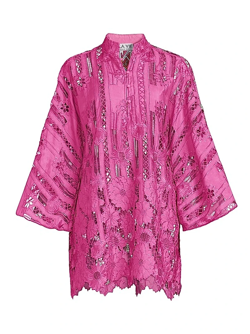 Linear Floral Lace Mini Caftan