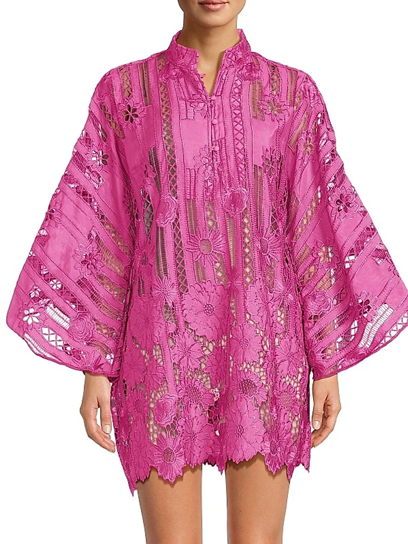 Linear Floral Lace Mini Caftan