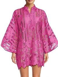Linear Floral Lace Mini Caftan