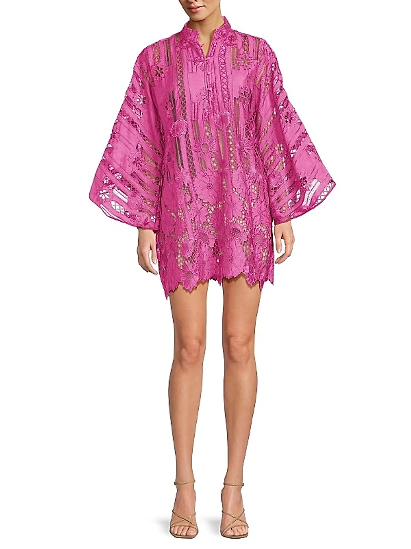 Linear Floral Lace Mini Caftan