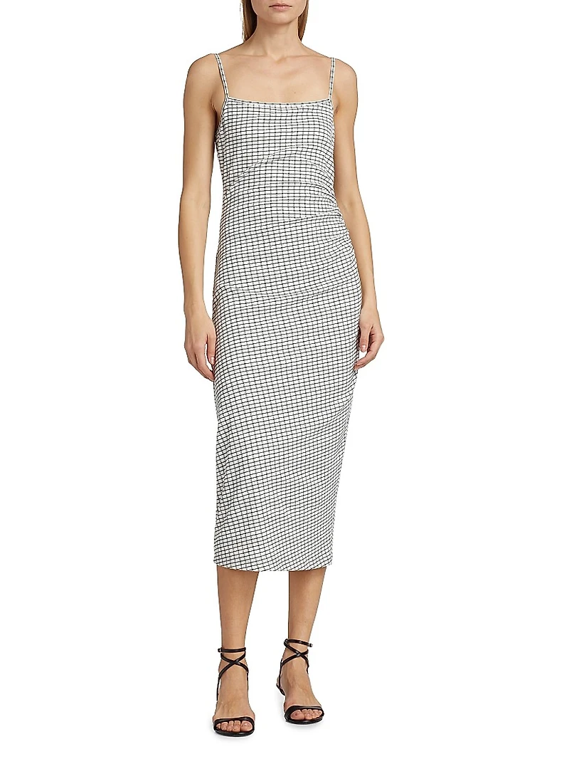 Grid Side-Ruched Midi-Dress
