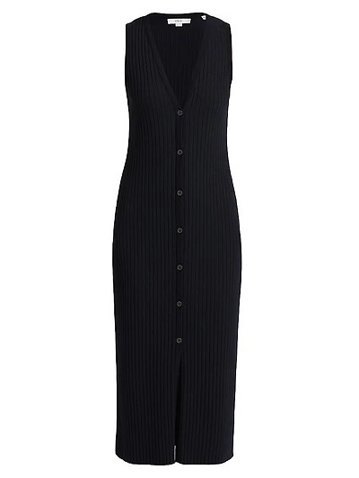 Rib-Knit Button-Front Midi-Dress