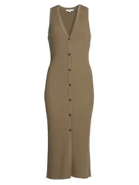 Rib-Knit Button-Front Midi-Dress
