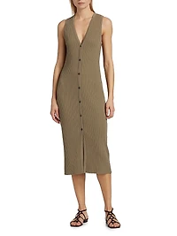 Rib-Knit Button-Front Midi-Dress