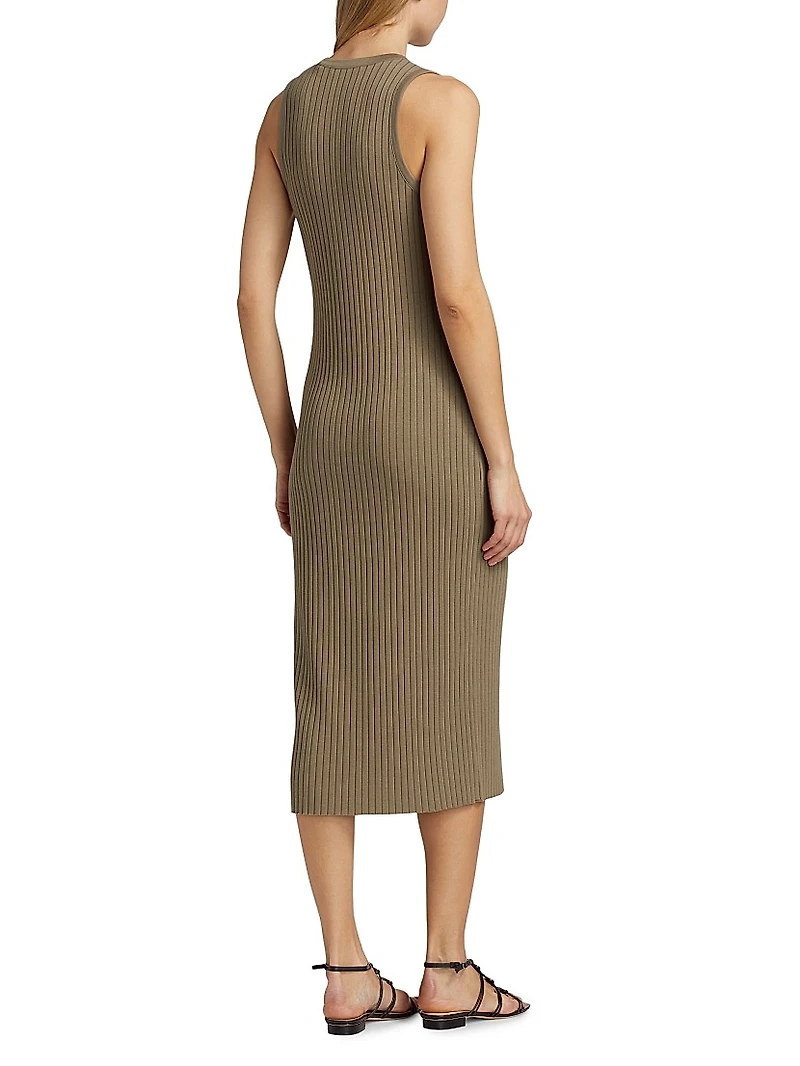 Rib-Knit Button-Front Midi-Dress