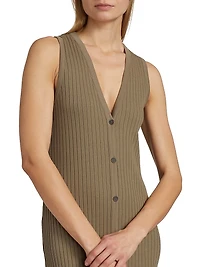 Rib-Knit Button-Front Midi-Dress