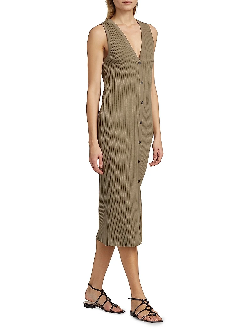 Rib-Knit Button-Front Midi-Dress