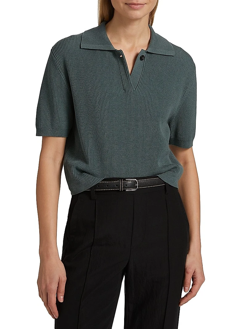 Rib-Knit Silk-Cotton Polo Sweater