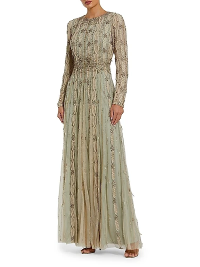 Embellished Tulle Round-Neck Gown