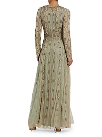 Embellished Tulle Round-Neck Gown