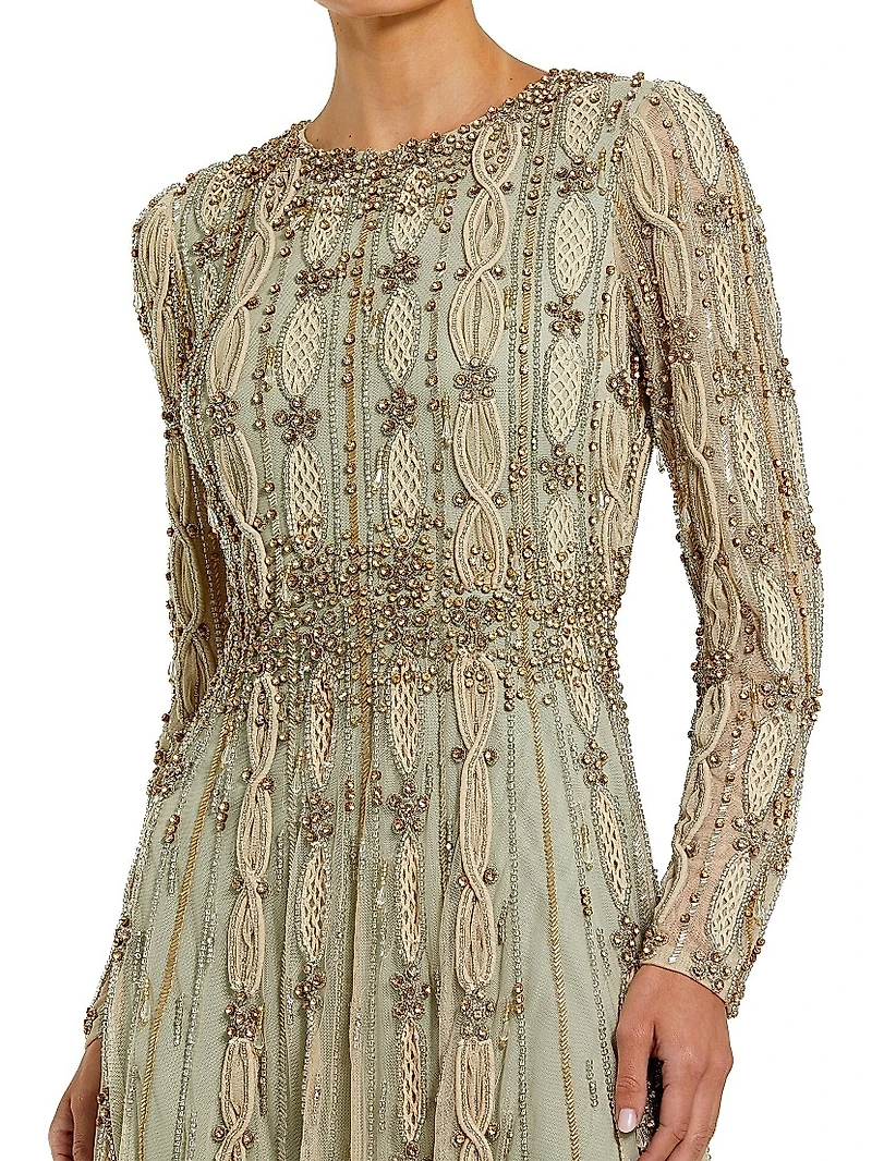 Embellished Tulle Round-Neck Gown