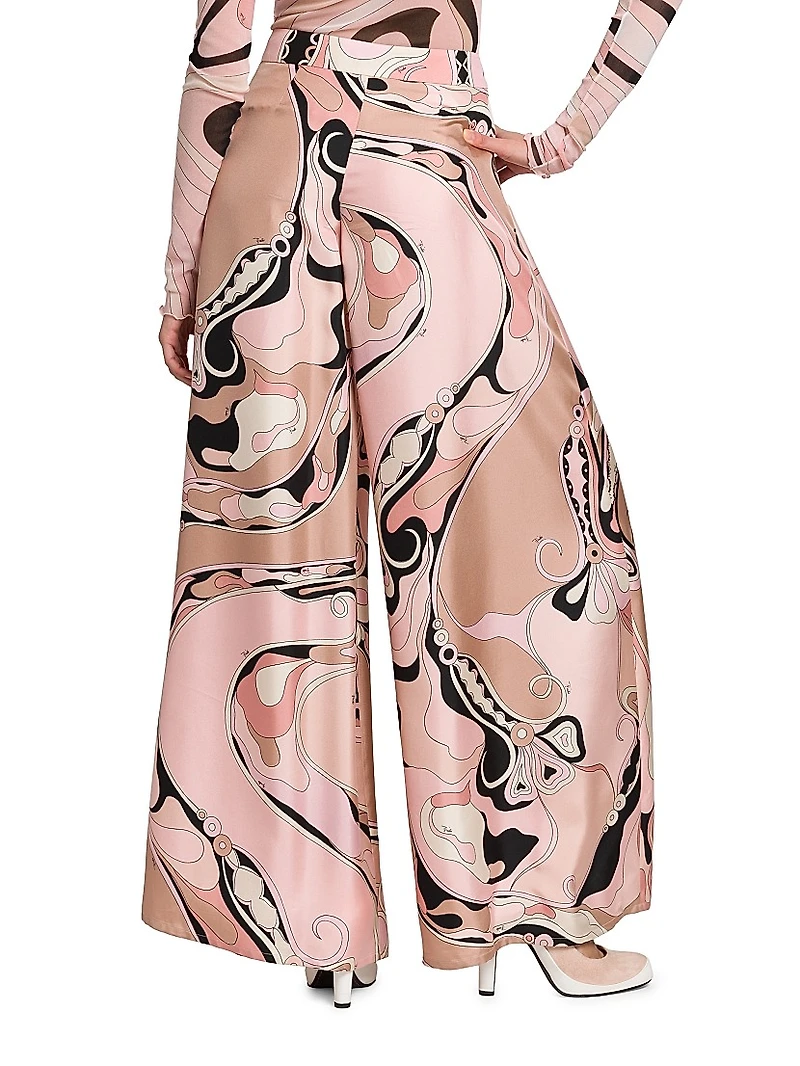 Printed Silk Twill Wide-Leg Pants