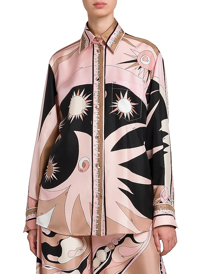 Printed Silk Twill Button-Front Shirt