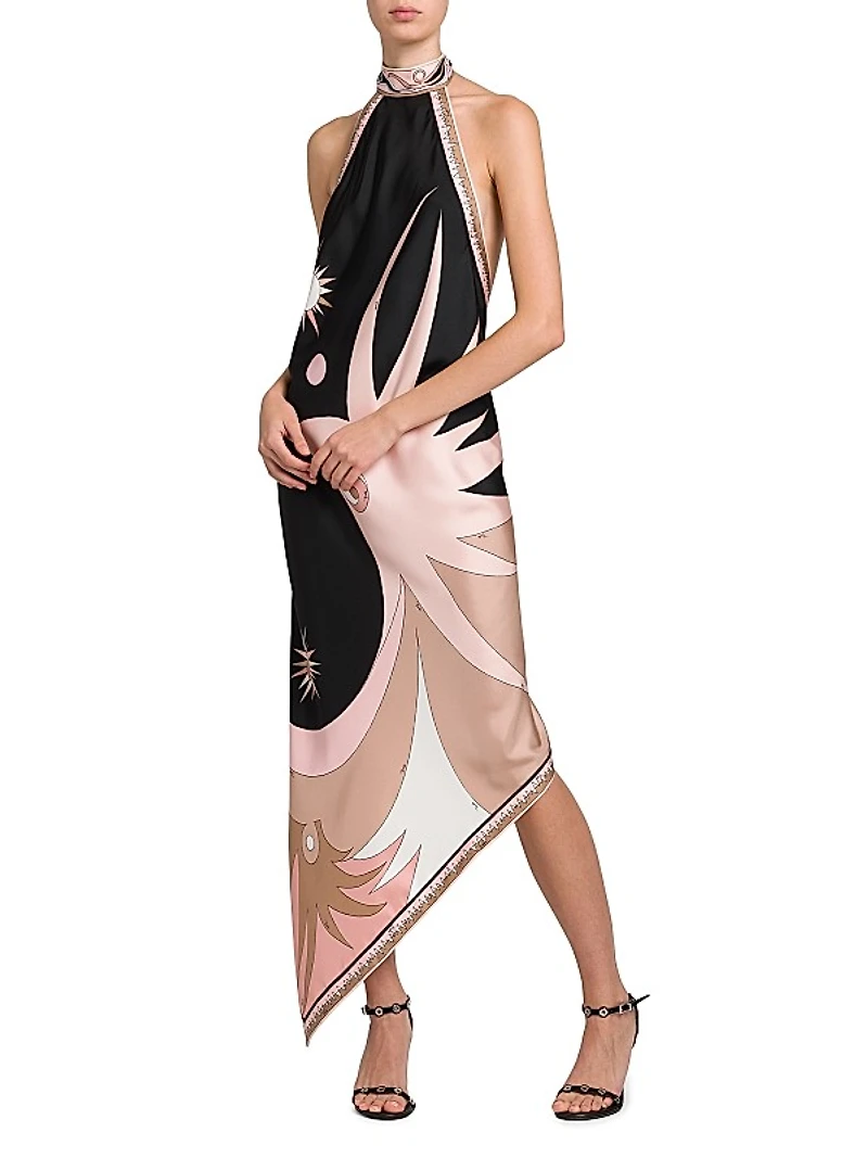 Printed Silk Twill Halter Neck Dress