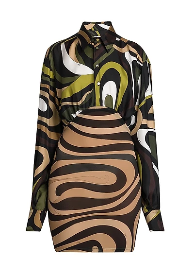 Abstract-Print Silk Mini Shirtdress