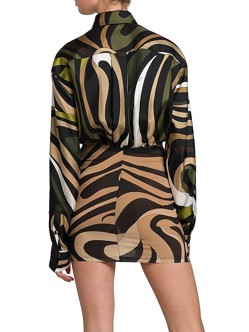Abstract-Print Silk Mini Shirtdress