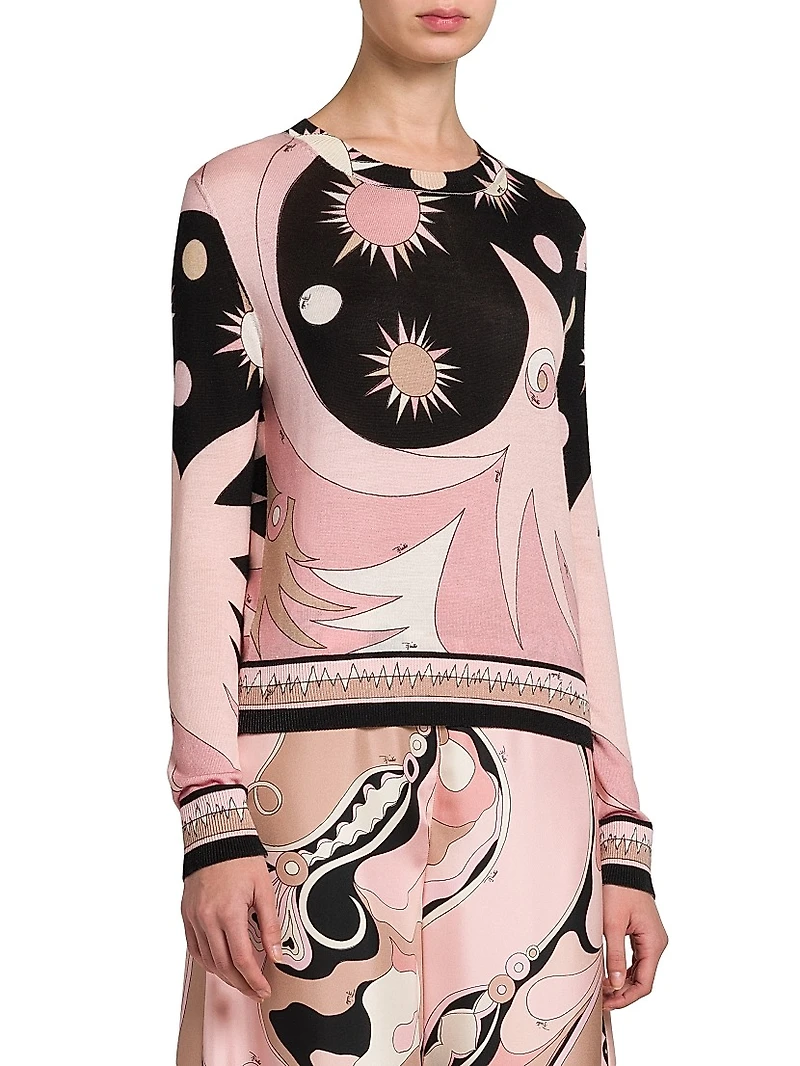 Wool-Silk Intarsia Crewneck Sweater
